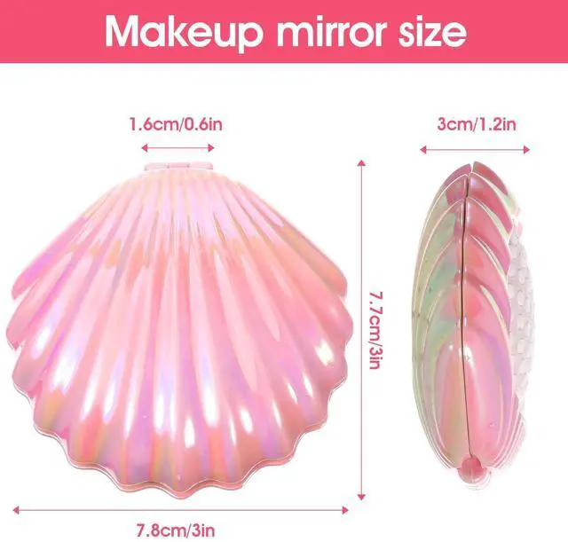 Alt view image 2 of 6 - Foldable Travel Hair Brushes with Mirror, Shell Shape Pocket Brush Foldable Comb, Compact Size Hair Massage Comb, Portable Mini Makeup Mirror Set Gifts for Girls (Pink, Purple)