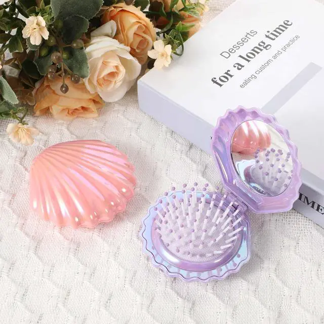 Alt view image 5 of 6 - Foldable Travel Hair Brushes with Mirror, Shell Shape Pocket Brush Foldable Comb, Compact Size Hair Massage Comb, Portable Mini Makeup Mirror Set Gifts for Girls (Pink, Purple)