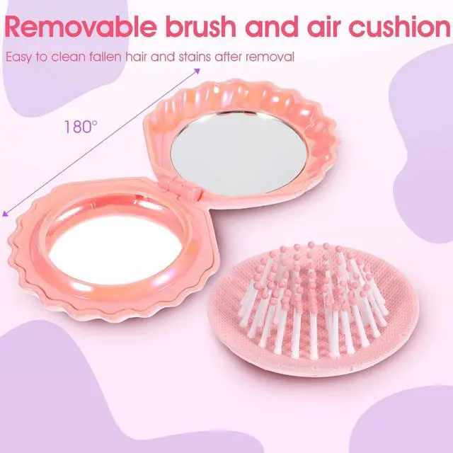 Alt view image 4 of 6 - Foldable Travel Hair Brushes with Mirror, Shell Shape Pocket Brush Foldable Comb, Compact Size Hair Massage Comb, Portable Mini Makeup Mirror Set Gifts for Girls (Pink, Purple)