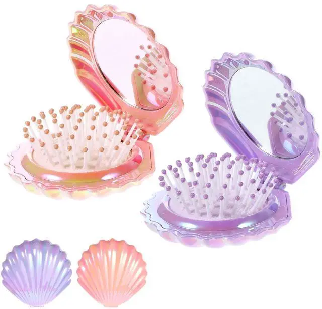 Main image of Foldable Travel Hair Brushes with Mirror, Shell Shape Pocket Brush Foldable Comb, Compact Size Hair Massage Comb, Portable Mini Makeup Mirror Set Gifts for Girls (Pink, Purple)