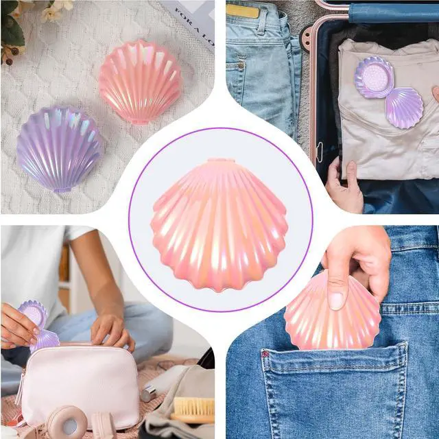 Alt view image 6 of 6 - Foldable Travel Hair Brushes with Mirror, Shell Shape Pocket Brush Foldable Comb, Compact Size Hair Massage Comb, Portable Mini Makeup Mirror Set Gifts for Girls (Pink, Purple)