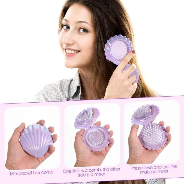 Alt view image 3 of 6 - Foldable Travel Hair Brushes with Mirror, Shell Shape Pocket Brush Foldable Comb, Compact Size Hair Massage Comb, Portable Mini Makeup Mirror Set Gifts for Girls (Pink, Purple)