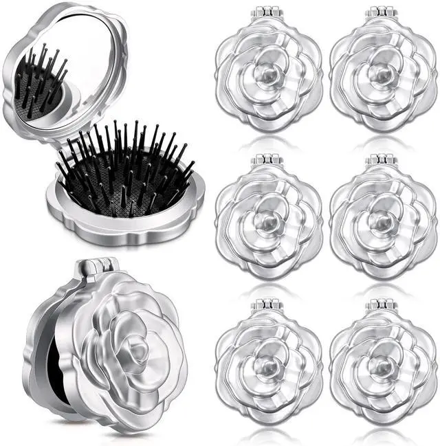 Main image of 6 Pcs Rose Travel Brush for Women Mini Compact Purse Hair Brush with Mirror Wedding Bridal Bachelorette Favor Portable Pocket Mirror Folding Comb for Hairstyle Birthday Gift(Silver)