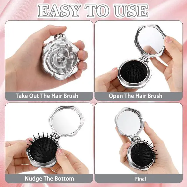 Alt view image 4 of 7 - 6 Pcs Rose Travel Brush for Women Mini Compact Purse Hair Brush with Mirror Wedding Bridal Bachelorette Favor Portable Pocket Mirror Folding Comb for Hairstyle Birthday Gift(Silver)