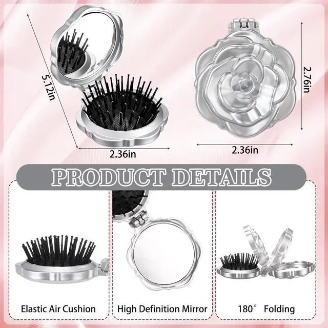 Alt view image 3 of 7 - 6 Pcs Rose Travel Brush for Women Mini Compact Purse Hair Brush with Mirror Wedding Bridal Bachelorette Favor Portable Pocket Mirror Folding Comb for Hairstyle Birthday Gift(Silver)