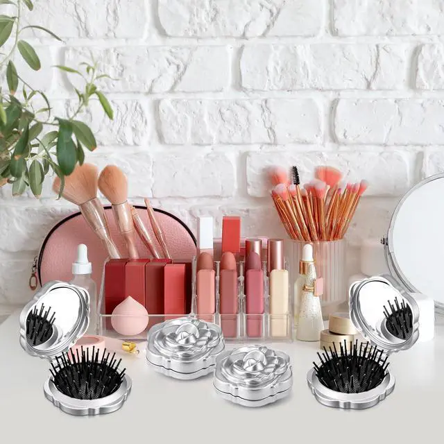 Alt view image 7 of 7 - 6 Pcs Rose Travel Brush for Women Mini Compact Purse Hair Brush with Mirror Wedding Bridal Bachelorette Favor Portable Pocket Mirror Folding Comb for Hairstyle Birthday Gift(Silver)