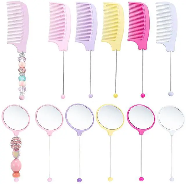 Main image of 5 Pack Beadable Combs DIY with 5 Pack Beadable Handheld Mirrors Heart Round Square Set Wide Tooth for Portable Cute Travel Makeup Mirror, Colorful (5 Colors-Round Mirrors, 10 Packs)