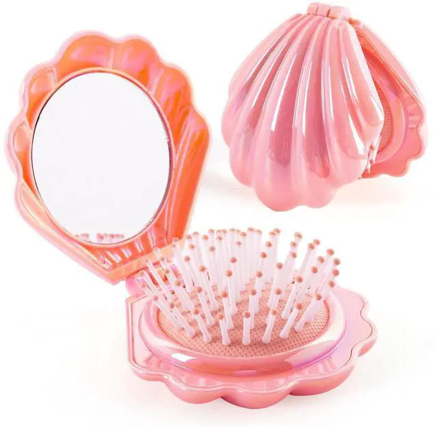 Main image of Iridescent Shell Folding Hair Brush with Mirror, Compact Travel Size Mermaid Hair Brush for Purse, Portable Brush Mini Pocket Mirror Massage Comb for Women (PINK)