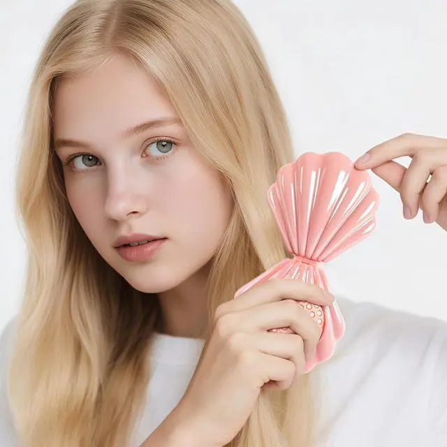 Alt view image 3 of 7 - Iridescent Shell Folding Hair Brush with Mirror, Compact Travel Size Mermaid Hair Brush for Purse, Portable Brush Mini Pocket Mirror Massage Comb for Women (PINK)