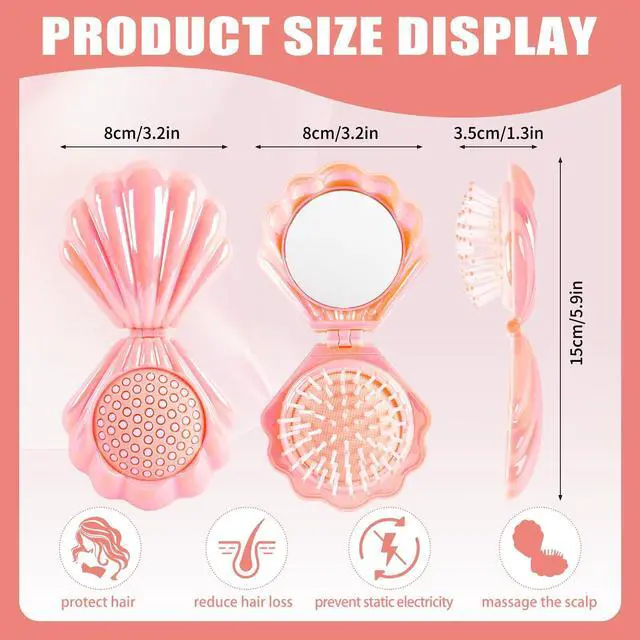 Alt view image 5 of 7 - Iridescent Shell Folding Hair Brush with Mirror, Compact Travel Size Mermaid Hair Brush for Purse, Portable Brush Mini Pocket Mirror Massage Comb for Women (PINK)