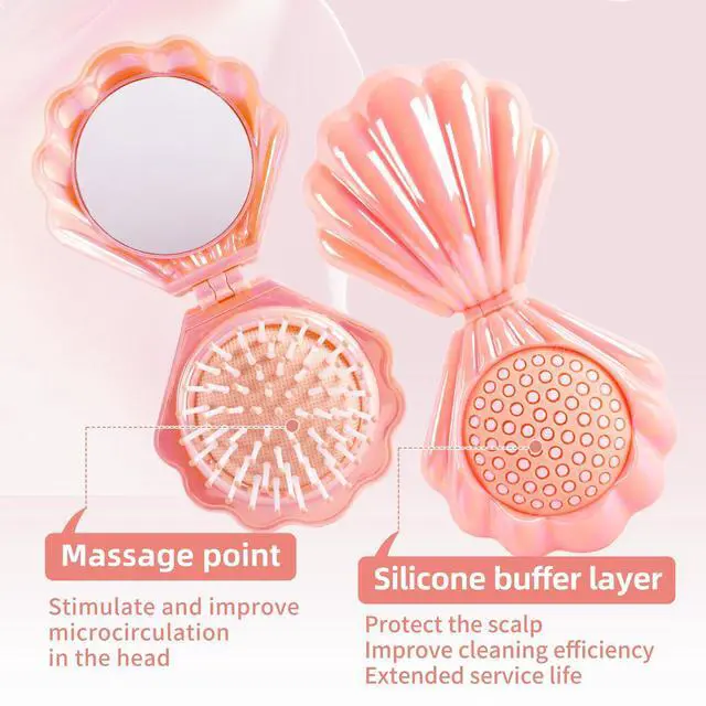 Alt view image 6 of 7 - Iridescent Shell Folding Hair Brush with Mirror, Compact Travel Size Mermaid Hair Brush for Purse, Portable Brush Mini Pocket Mirror Massage Comb for Women (PINK)