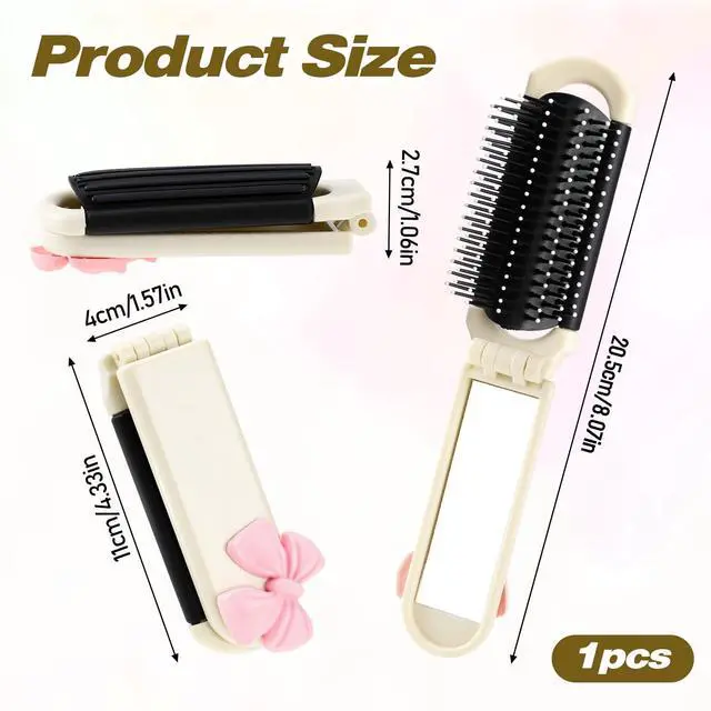 Alt view image 2 of 7 - Folding Travel Hair Brush with Removable Mirror, Collapsible Compact Design, Massage Comb for Gym, Trips, Purse, Swimming (Cream Colour)