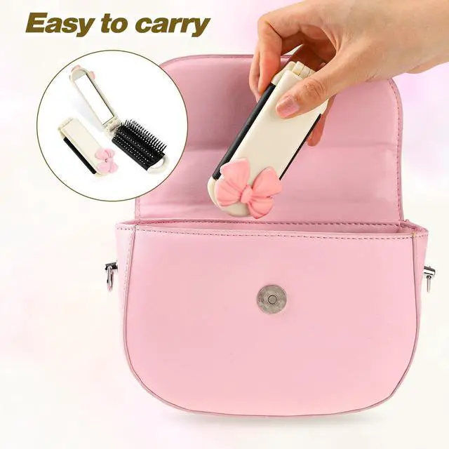 Alt view image 3 of 7 - Folding Travel Hair Brush with Removable Mirror, Collapsible Compact Design, Massage Comb for Gym, Trips, Purse, Swimming (Cream Colour)