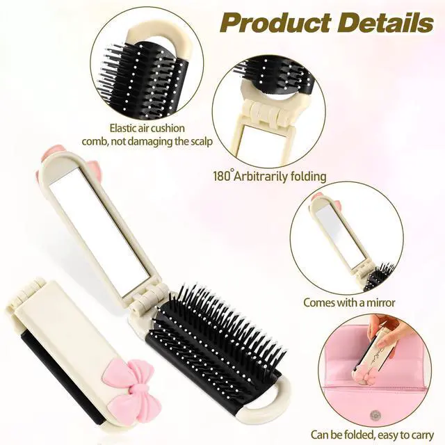 Alt view image 5 of 7 - Folding Travel Hair Brush with Removable Mirror, Collapsible Compact Design, Massage Comb for Gym, Trips, Purse, Swimming (Cream Colour)
