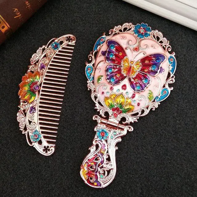 Main image of Handheld Mirror Set, Vintage Makeup Mirror and Comb Antique Princess Castle Vanity Mirror Cosmetic Decorative Embossed Hair Brush Gift for Women Girls (Flower)