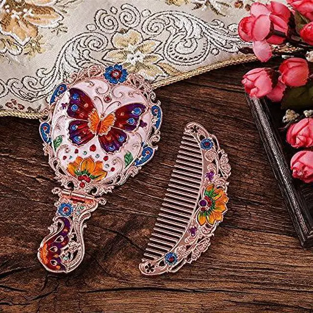 Alt view image 2 of 7 - Handheld Mirror Set, Vintage Makeup Mirror and Comb Antique Princess Castle Vanity Mirror Cosmetic Decorative Embossed Hair Brush Gift for Women Girls (Flower)