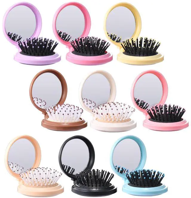 Main image of 9 Pack Mini Hair Brush Foldable Travel Hair Brushes with Mirror Round Portable Folding Pocket Hair Brush Mini Comb Compact Travel Size Massage Comb for Men Women