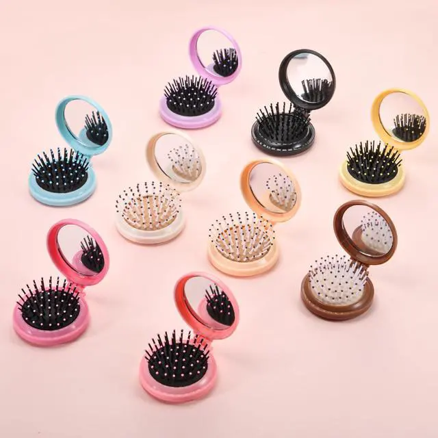 Alt view image 2 of 7 - 9 Pack Mini Hair Brush Foldable Travel Hair Brushes with Mirror Round Portable Folding Pocket Hair Brush Mini Comb Compact Travel Size Massage Comb for Men Women