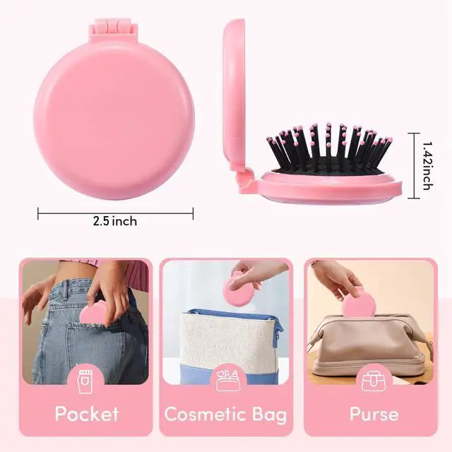 Alt view image 3 of 7 - 9 Pack Mini Hair Brush Foldable Travel Hair Brushes with Mirror Round Portable Folding Pocket Hair Brush Mini Comb Compact Travel Size Massage Comb for Men Women