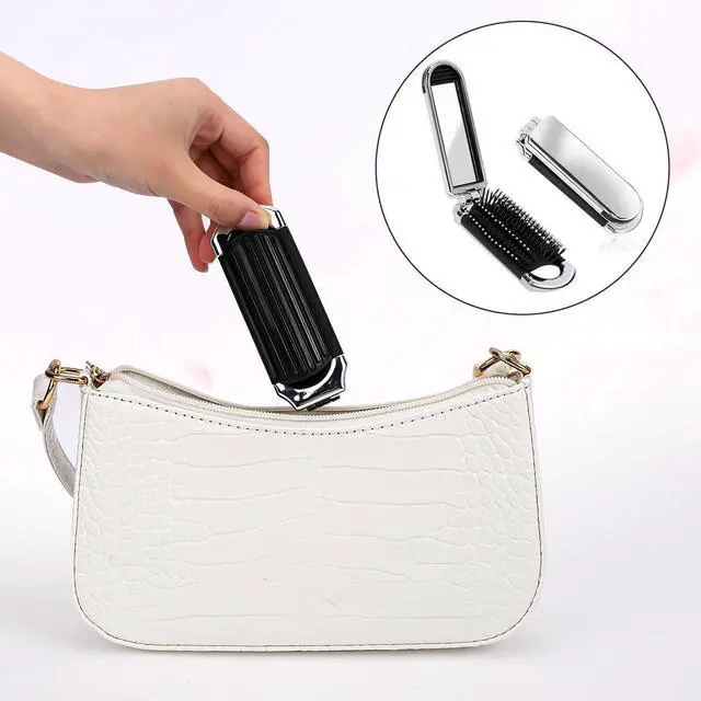 Alt view image 3 of 7 - 1 Pack Folding Compact Hair Brush with Mirror - Travel Pocket-Size Massage Comb for Hair Styling, Gym, Trips, and Purse (Removable Mirror)