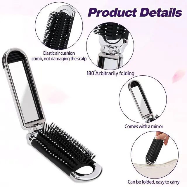 Alt view image 6 of 7 - 1 Pack Folding Compact Hair Brush with Mirror - Travel Pocket-Size Massage Comb for Hair Styling, Gym, Trips, and Purse (Removable Mirror)
