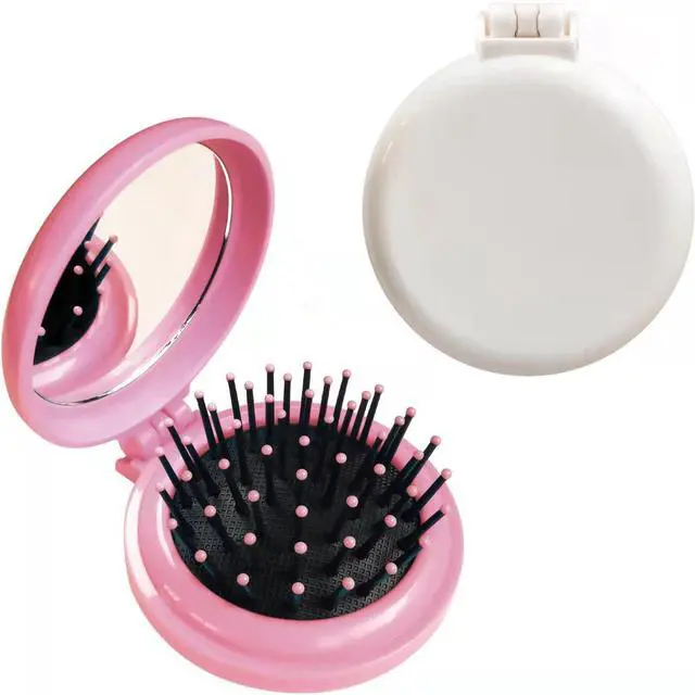 Main image of Folding Hair Brush with Mirror for Purse/Pocket,Round Mini Compact Massage Comb for Girls and Women (Pink+White)