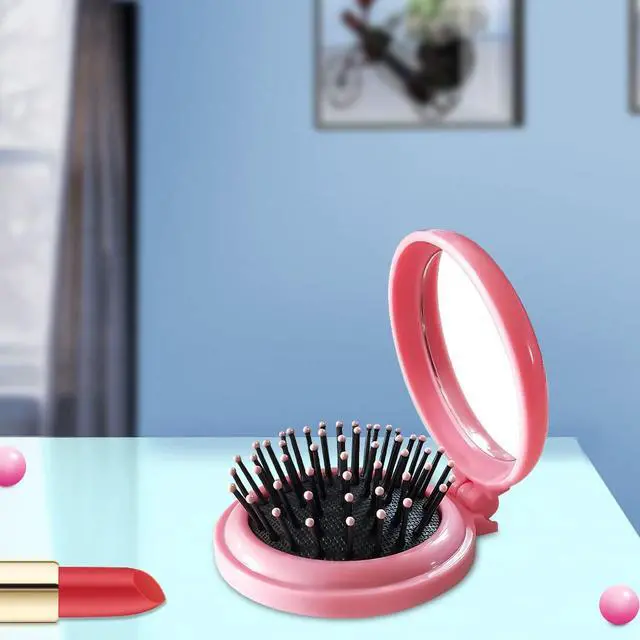 Alt view image 4 of 6 - Folding Hair Brush with Mirror for Purse/Pocket,Round Mini Compact Massage Comb for Girls and Women (Pink+White)