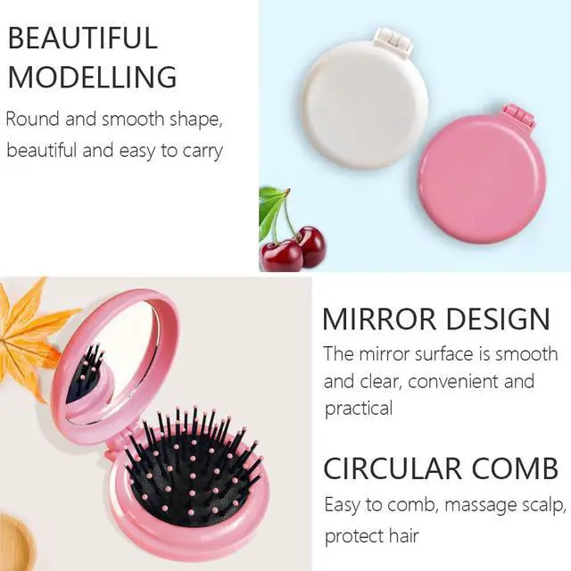 Alt view image 3 of 6 - Folding Hair Brush with Mirror for Purse/Pocket,Round Mini Compact Massage Comb for Girls and Women (Pink+White)
