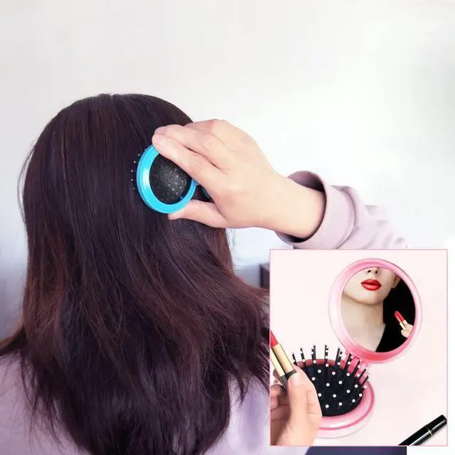 Alt view image 6 of 6 - Folding Hair Brush with Mirror for Purse/Pocket,Round Mini Compact Massage Comb for Girls and Women (Pink+White)