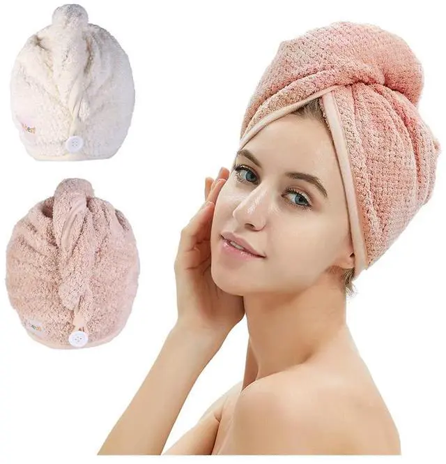 Main image of 2 Pack Microfiber Hair Towel Wrap,Quick Dry,Anti-frizz(Pink&Beige)