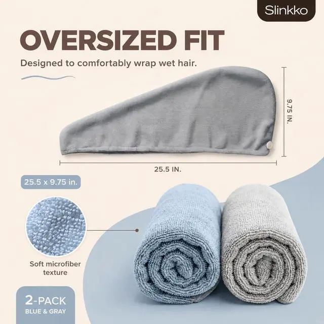Alt view image 2 of 7 - Microfiber Hair Towel Wrap for Women Ultra Absorbent Quick Dry Turban | Button & Loop Design | Soft Lightweight Fabric | Reduces Frizz & Breakage | All Hair Types | Blue & Grey