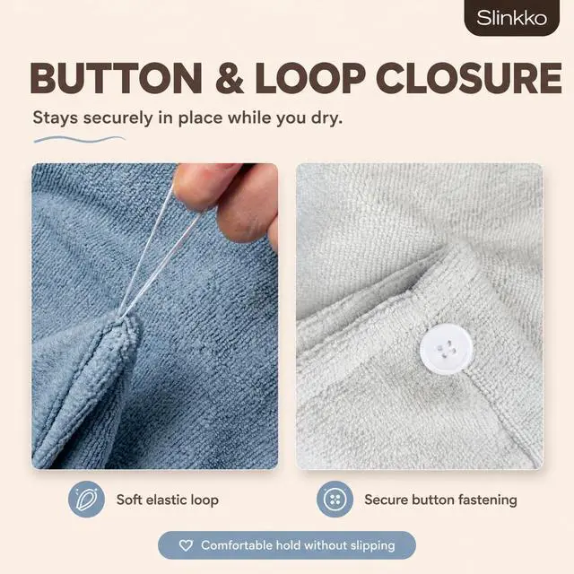 Alt view image 3 of 7 - Microfiber Hair Towel Wrap for Women Ultra Absorbent Quick Dry Turban | Button & Loop Design | Soft Lightweight Fabric | Reduces Frizz & Breakage | All Hair Types | Blue & Grey