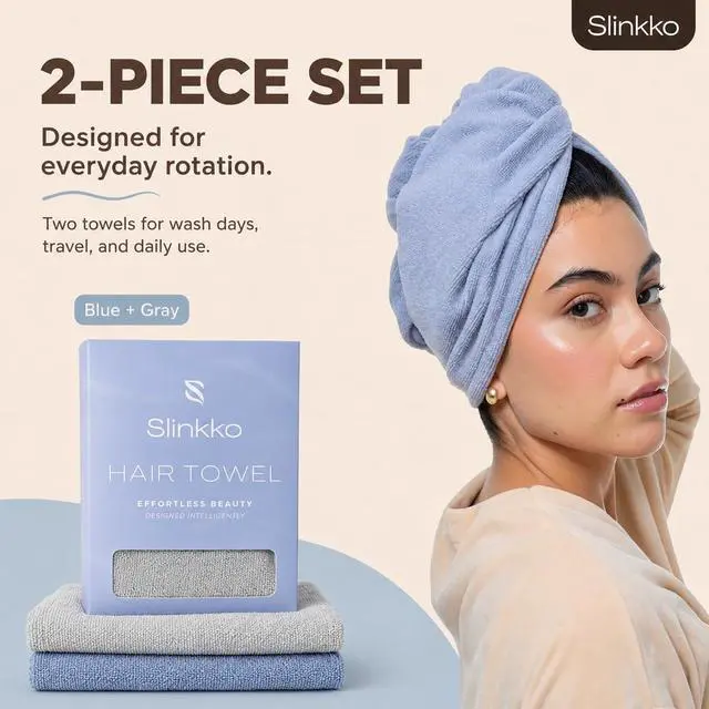 Alt view image 4 of 7 - Microfiber Hair Towel Wrap for Women Ultra Absorbent Quick Dry Turban | Button & Loop Design | Soft Lightweight Fabric | Reduces Frizz & Breakage | All Hair Types | Blue & Grey