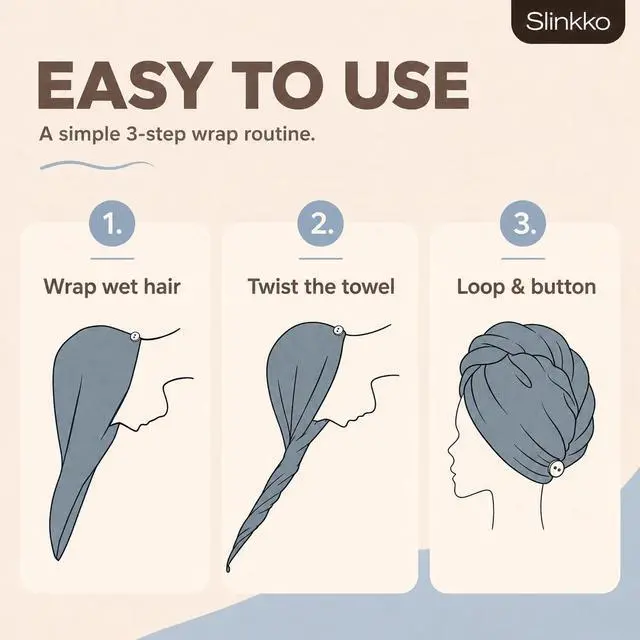 Alt view image 5 of 7 - Microfiber Hair Towel Wrap for Women Ultra Absorbent Quick Dry Turban | Button & Loop Design | Soft Lightweight Fabric | Reduces Frizz & Breakage | All Hair Types | Blue & Grey