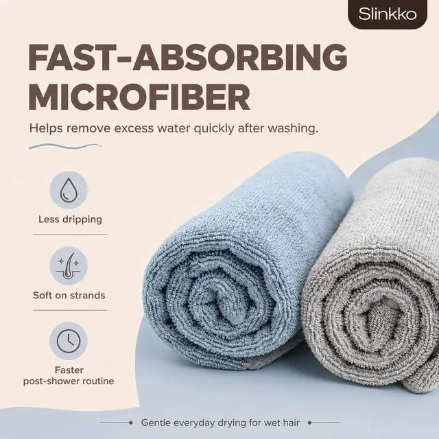Alt view image 6 of 7 - Microfiber Hair Towel Wrap for Women Ultra Absorbent Quick Dry Turban | Button & Loop Design | Soft Lightweight Fabric | Reduces Frizz & Breakage | All Hair Types | Blue & Grey
