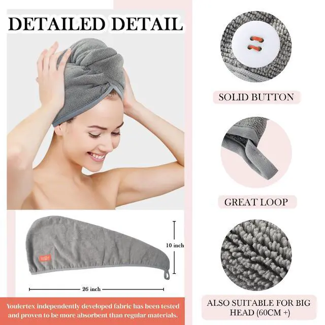 Alt view image 3 of 6 - Microfiber Hair Towel Hair Wrap: 2 Pcs 10X26 Hair Dryer Women (Gray)