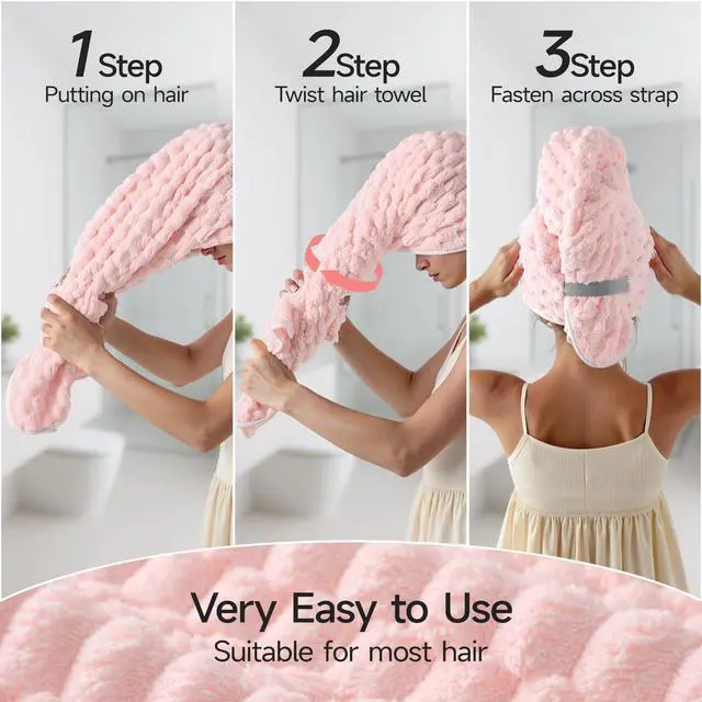 Alt view image 3 of 7 - 3 Pack Microfiber Hair Towels - Extra Large Hair Towel Wrap for Women, 24x42 inch Hair Towels with Elastic Strap, Super Soft Hair Drying Towels for Long, Thick, Curly Anti Frizz Turbans