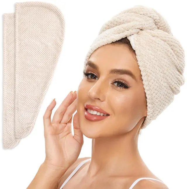 Main image of 2 Pack Microfiber Hair Towel Wrap for Women, Anti Frizz Quick Drying Hair Turban for All Hair Style, Absorbent and Lightweight (Beige)