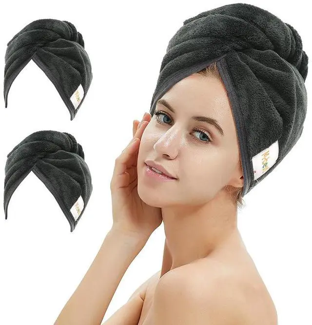 Main image of 2 Pack Microfiber Hair Towel Wrap,Hair Drying Towel with Button,Absorbent and Anti-frizz Head Towel to Dry Curly or Straight Hair Quickly (Black)