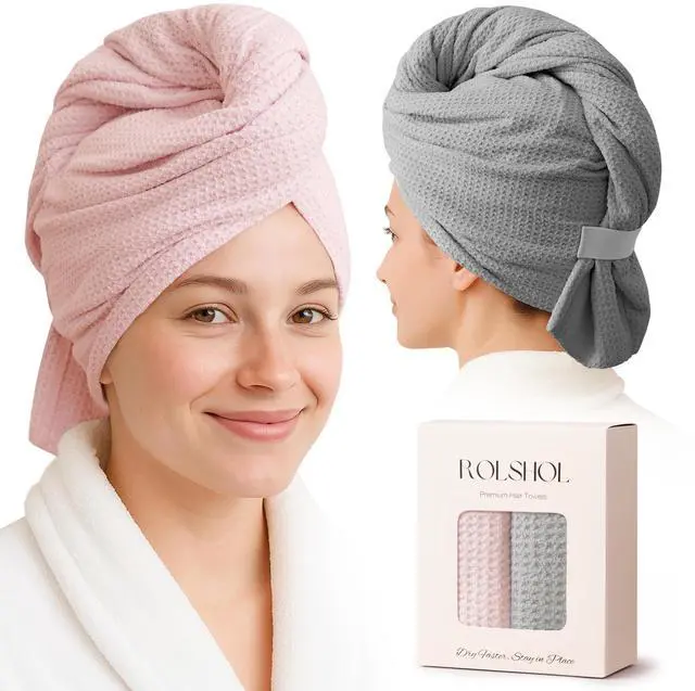 Main image of 2 Pack Waffle Microfiber Hair Towel Wraps for Women, 32 x 11 in