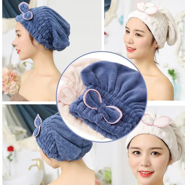 Alt view image 2 of 5 - 2PC Microfiber Hair Drying Caps, Extrame Soft & Ultra Absorbent, Fast Drying Hair Turban Wrap Towels Shower Cap for Girls and Women