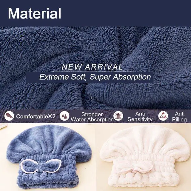 Alt view image 5 of 5 - 2PC Microfiber Hair Drying Caps, Extrame Soft & Ultra Absorbent, Fast Drying Hair Turban Wrap Towels Shower Cap for Girls and Women