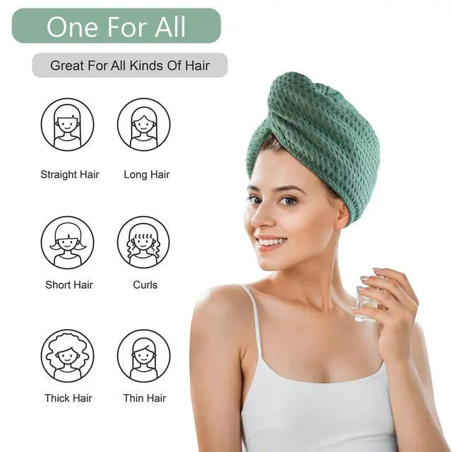 Alt view image 2 of 6 - Microfiber Hair Drying Towel: 2 Pcs Waffle Long Hair Turban Wraps (Green)