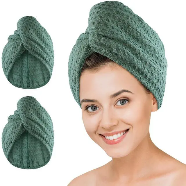 Main image of Microfiber Hair Drying Towel: 2 Pcs Waffle Long Hair Turban Wraps (Green)