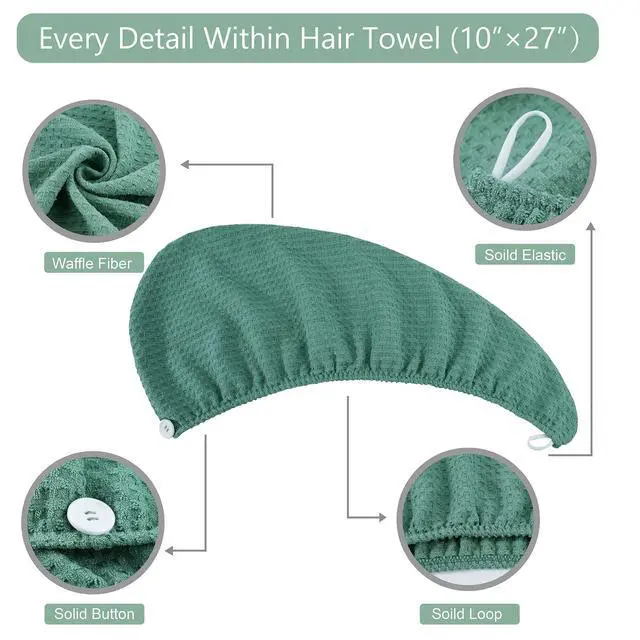 Alt view image 3 of 6 - Microfiber Hair Drying Towel: 2 Pcs Waffle Long Hair Turban Wraps (Green)