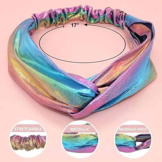 Alt view image 4 of 7 - 6 Mermaid Knotted Headbands For Girls, Little Girl Hair Accessories, Kids Knot Headwraps, Criss Cross Tie Dye Head Bands, Metallic Rainbow Turban Hair Bands