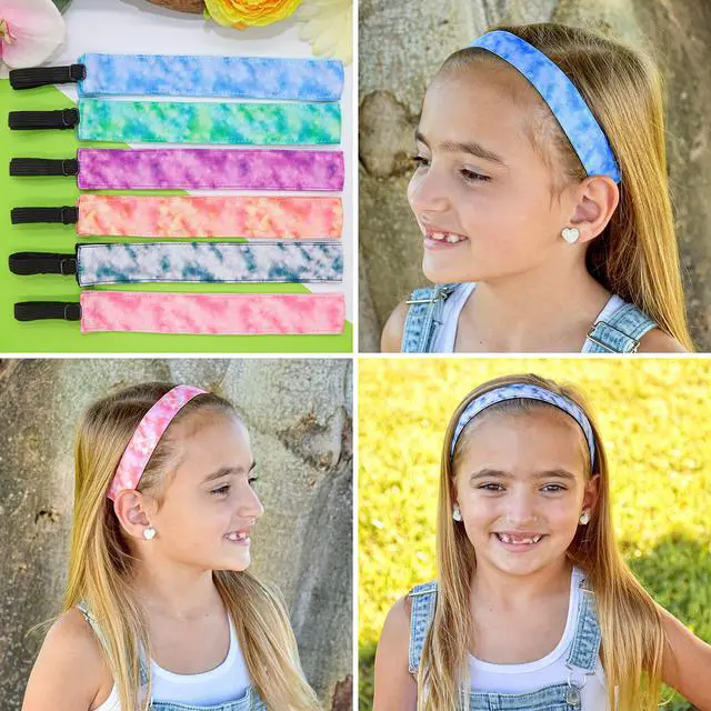 Alt view image 6 of 7 - Headbands for Girls - 6 Adjustable No Slip Head Bands for Kids, Athletic Sport Hair Bands for Women, Stretch Elastic Headband, Fabric Hair Accessories for Children (Tie Dye 2)