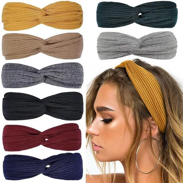 Main image of Headbands for Women Twist Knotted Women Head Bands Boho Stretchy Hair Bands Non Slip for Girls Criss Cross Turban Plain Headwrap Yoga Workout Vintage Hair Accessories, Solid Color