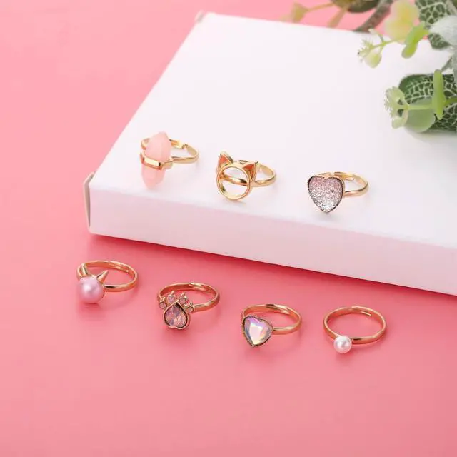 Alt view image 2 of 3 - 7 Pieces Cute Rings for Girls Crystal Ring Girl Pretend Play and Dress up Rings Adjustable Ring Kids Jewelry Little Girl Gift for Girls Kids