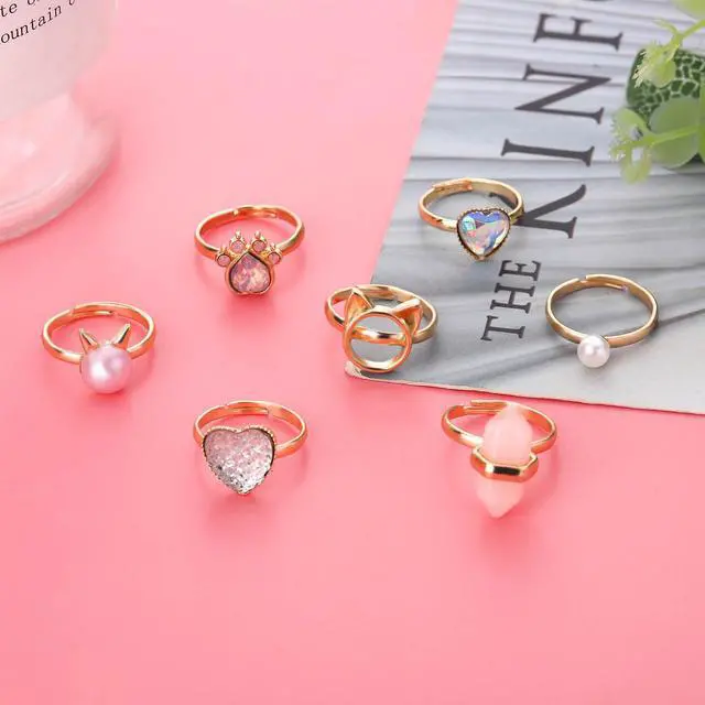 Alt view image 3 of 3 - 7 Pieces Cute Rings for Girls Crystal Ring Girl Pretend Play and Dress up Rings Adjustable Ring Kids Jewelry Little Girl Gift for Girls Kids